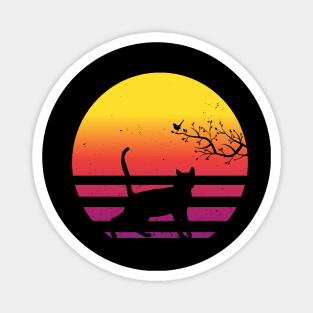 Cute Cat Watching Bird On Tree Vintage Retro Sunset Magnet